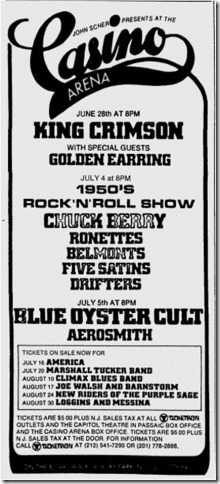 King Crimson with Golden Earring show ad June 28, 1974 Asbury Park, New Jersey - Casino Arena